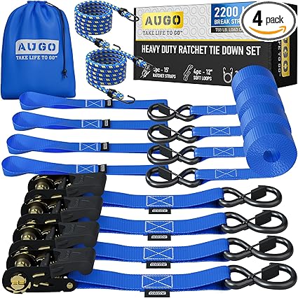 AUGO Ratchet Straps Heavy Duty 4 Pack -15 FT - 2200 LB Break Strength – with Safety Lock S Hooks - Cargo Straps for Moving, Appliances, Motorcycle – Soft Loop Tie Down Straps